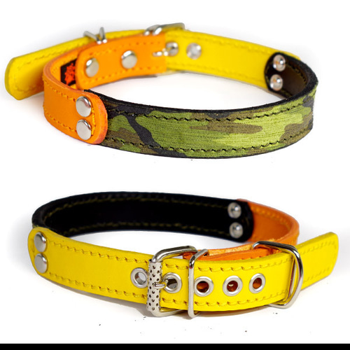 鹿革製品、犬用レザー首輪 黒と黄色 ゴールドバックル【小型犬様】 2cm幅中型犬用革首輪（オレンジ＋迷彩＋黄色）2cmTypeFB リード・首輪