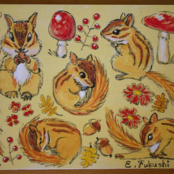✴️【原画】『キノコ谷で読書』（動物画　リス　植物　森林　きのこ　風景画） ✴️【原画】『キノコ谷で読書』（動物画 リス 植物 森林 きのこ