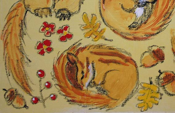 リスのイラスト原画「リスとキノコがいっぱい　2」 2枚目の画像
