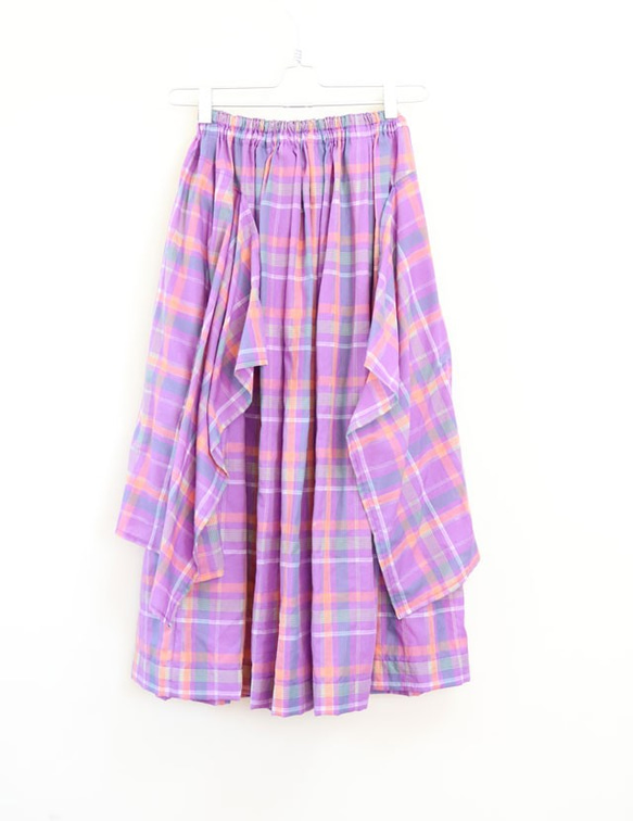 ふんわりちぇっくのギャザースカート：紫色 5枚目の画像