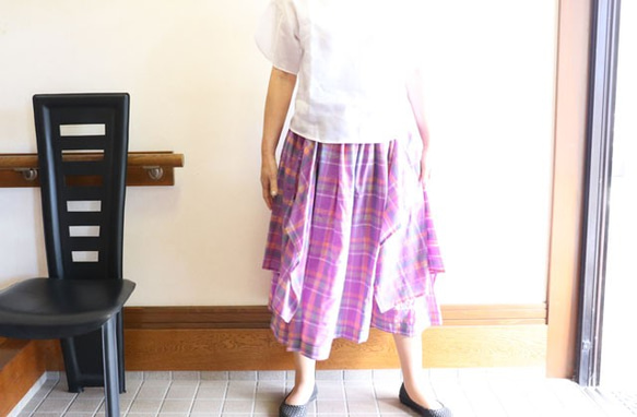 ふんわりちぇっくのギャザースカート：紫色 8枚目の画像