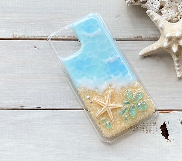 iPhone スマホ各種サイズ対応 パステルブルーの海　スターフィッシュ&シーグラス 4枚目の画像