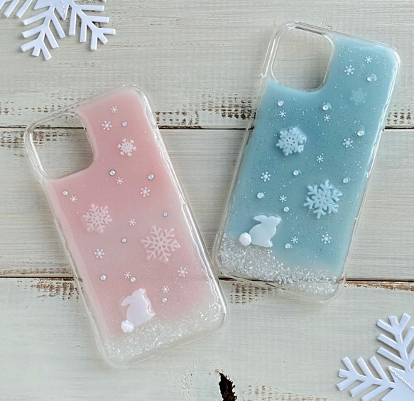 冬　雪の結晶とうさぎ　iPhone 各機種対応　ニュアンスカラー 1枚目の画像