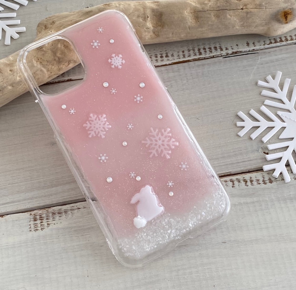 冬　雪の結晶とうさぎ　iPhone 各機種対応　ニュアンスカラー 2枚目の画像