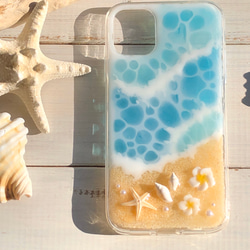 iPhone11 ハイブリッドケース 海 スターフィッシュ&プルメリア　ターコイズブルー現品限り 5枚目の画像