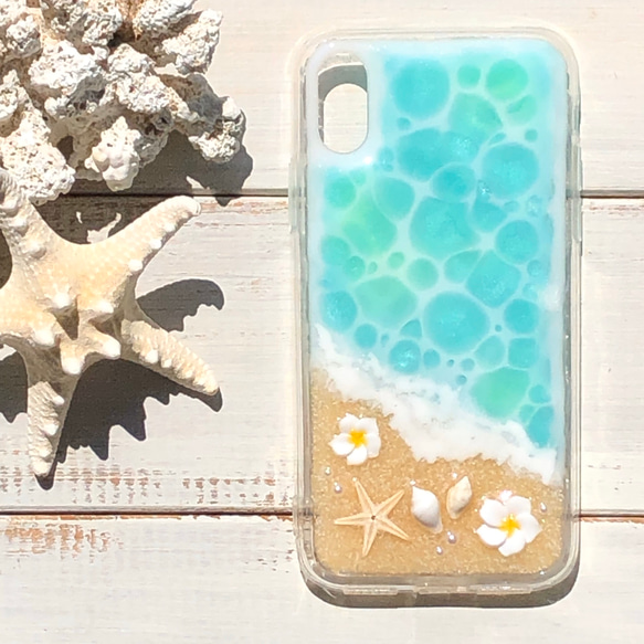 iPhone各種サイズ対応 ハイブリッドケース アクアグリーンの海とプルメリア 2枚目の画像