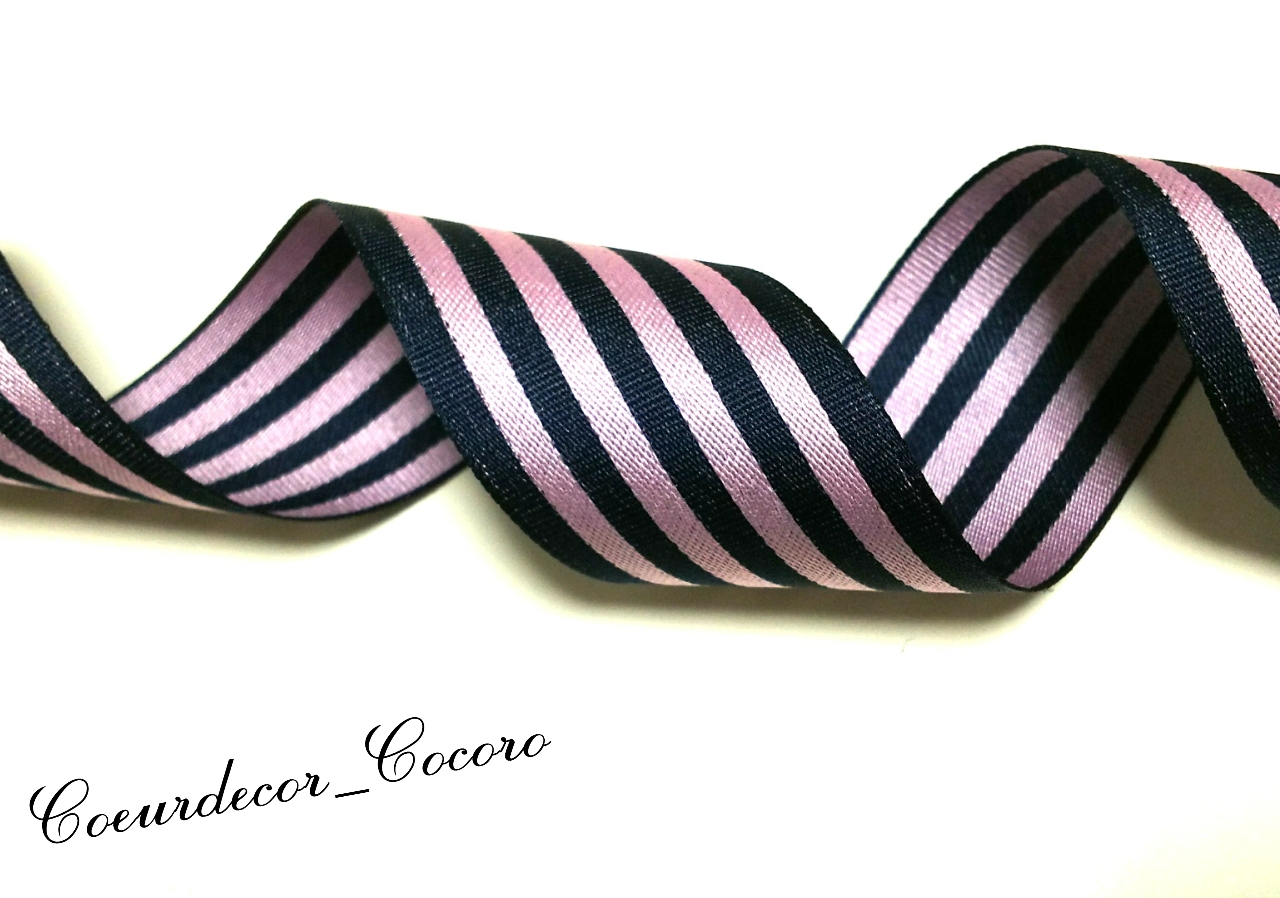 T-40】【2m】☆ネイビー×ピンク☆両面サテンストライプリボン40mm 緞帶