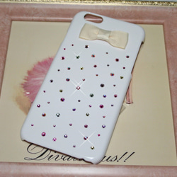 ★SALE中★ホワイトリボンにカラフルドット☆iPhone6/6s ケース カバー☆スワロフスキー デコ 1枚目の画像