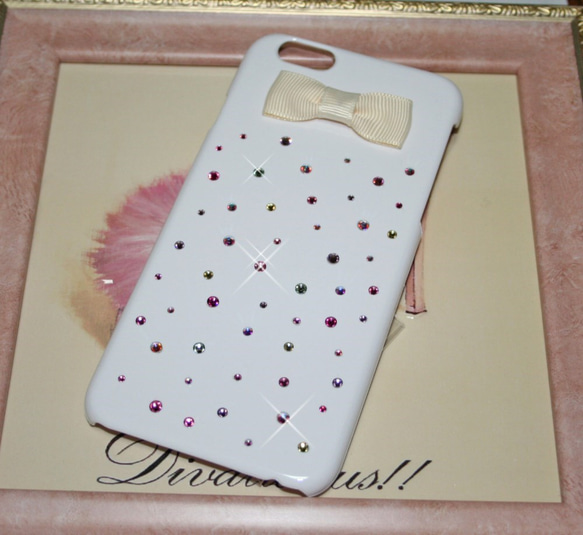 ★SALE中★ホワイトリボンにカラフルドット☆iPhone6/6s ケース カバー☆スワロフスキー デコ 1枚目の画像