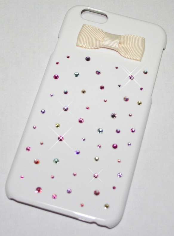 ★SALE中★ホワイトリボンにカラフルドット☆iPhone6/6s ケース カバー☆スワロフスキー デコ 2枚目の画像