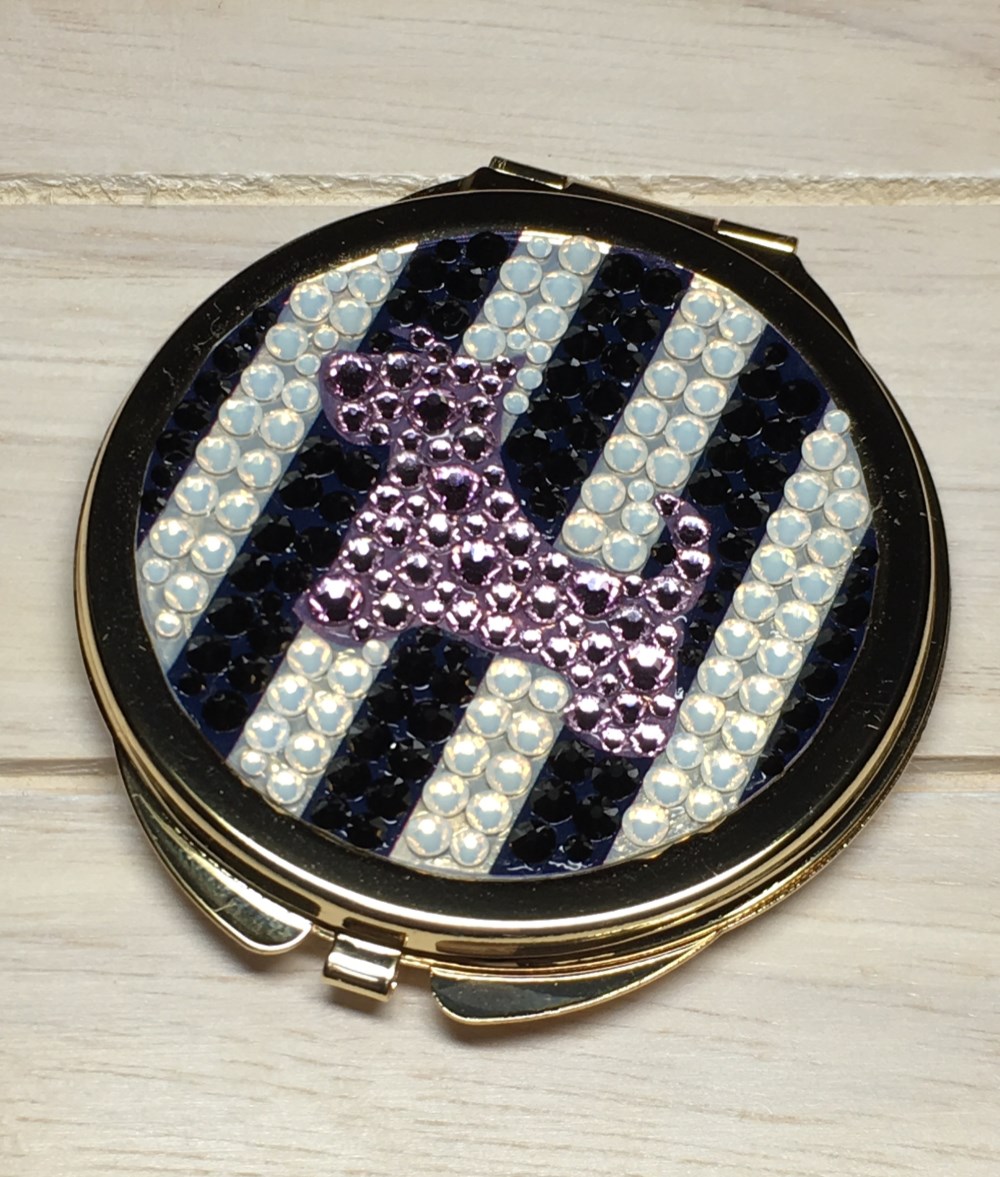 【受注制作】テリア☆ストライプ柄もキュート☆コンパクトミラー 鏡☆スワロフスキー デコ スワロ