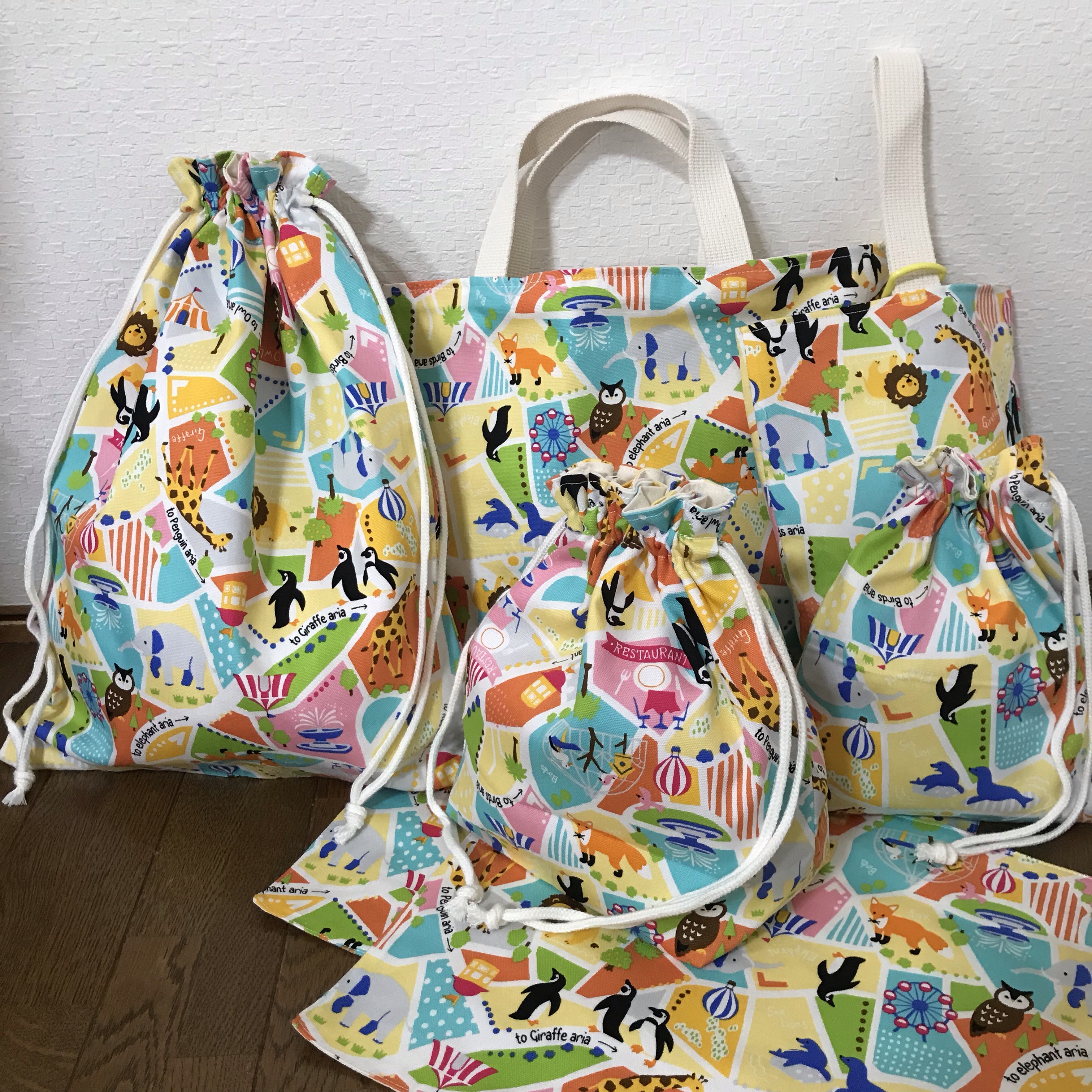 ★入園、入学★レッスンバッグ、お着替え袋、シューズ袋、お弁当袋、ランチマット2枚、コップ袋セット