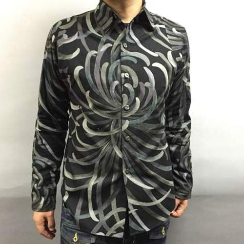 長袖和柄シャツ（糸菊抽象文様）黒 シャツ・ブラウス（メンズ