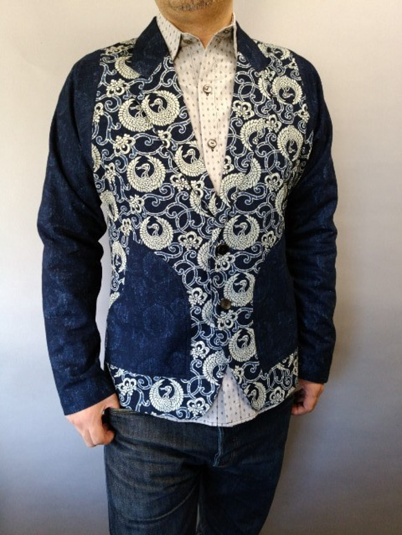 吉兆藍木綿テーラードジャケット（唐草鶴紋様）袖・衿裏使い 5枚目の画像