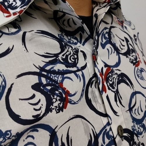 長袖和柄シャツ（水墨画風達磨柄） シャツ・ブラウス（メンズ