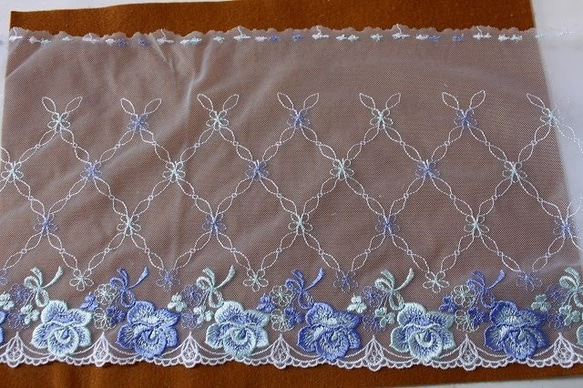 1m！幅23.2cm美しい薔薇柄柄チュールレース ブルー[40624 青] レース