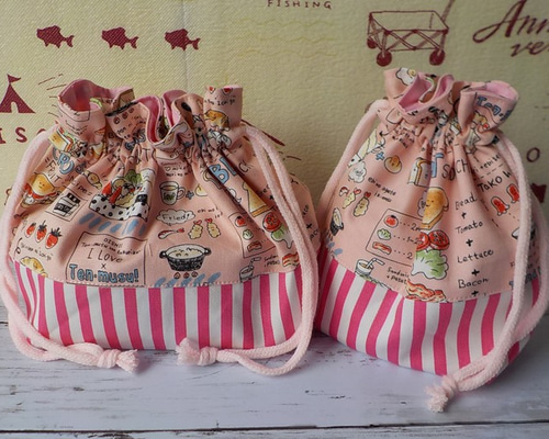 おにぎり エビフライ ☆お弁当袋 コップ袋 ハンドメイド 巾着 お弁当袋・コップ袋☆2点セット おにぎり☆ピンク 弁当袋 Tinto_39