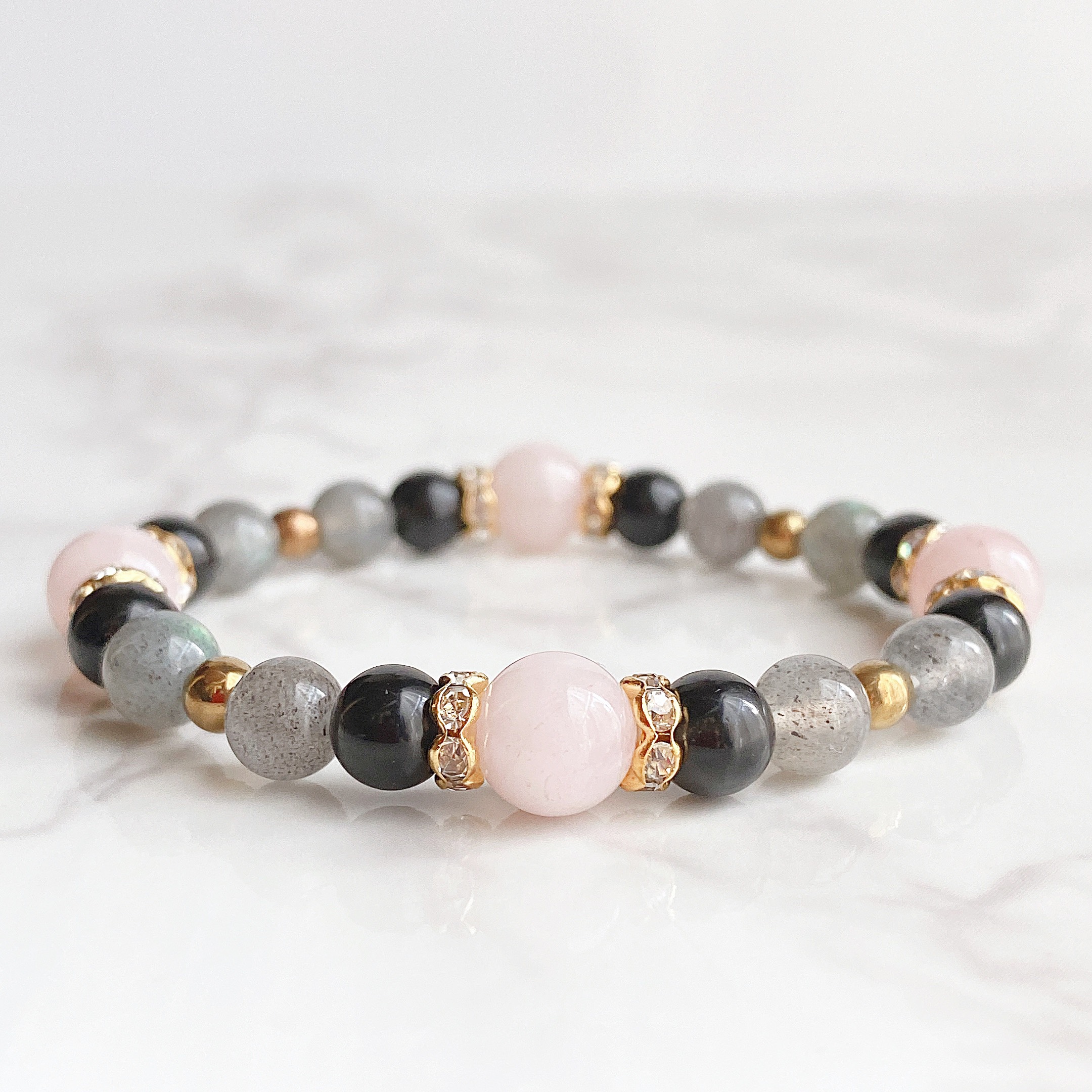 ✦悪縁を切り、新しい恋愛へ ローズクォーツ オブシディアン ラブラドライト ストーン天然石ブレスレット No181