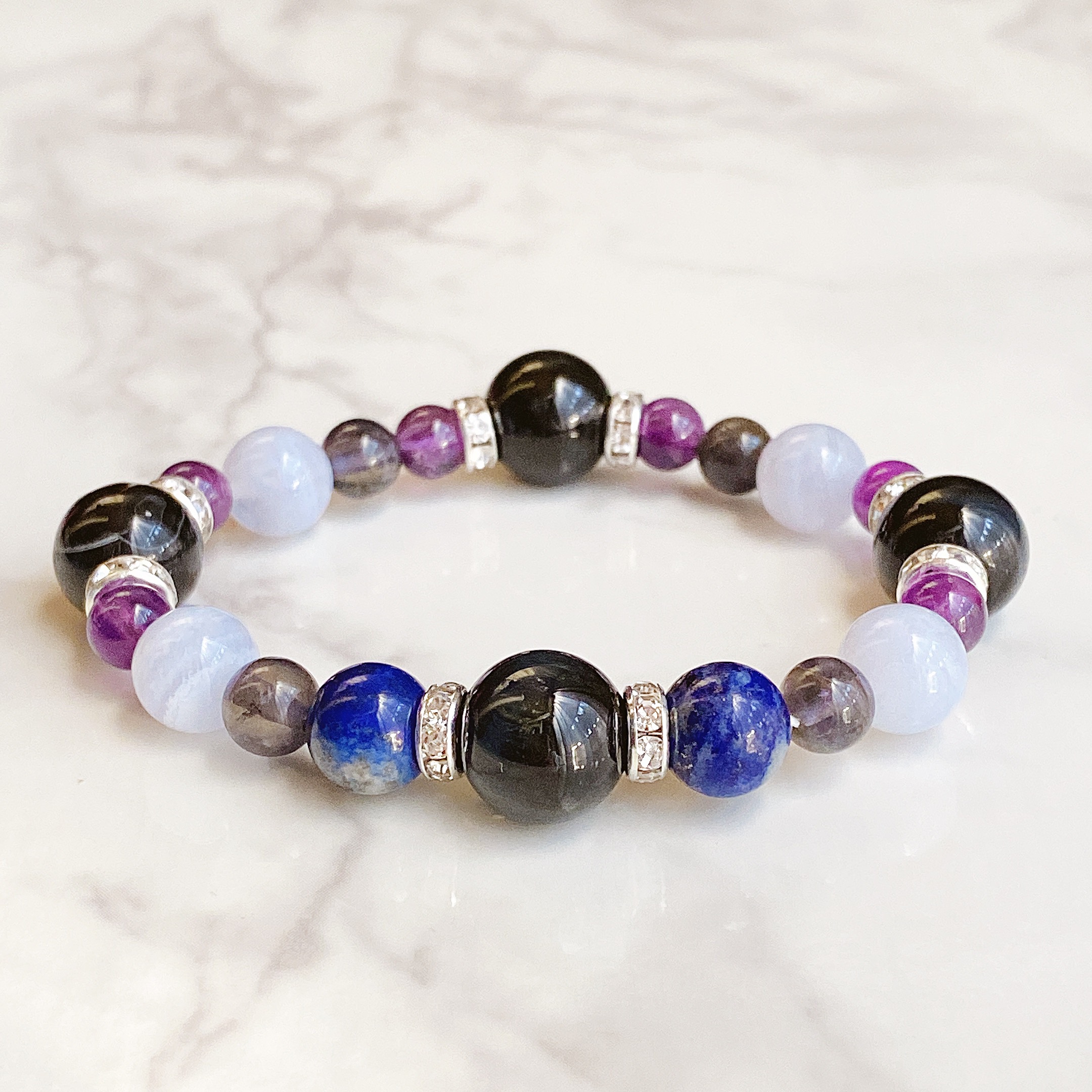 ✦良好な人間関係を築く 天然石ブレスレット｜ホークスアイ・ブルーレースアゲート・アメジスト No.249