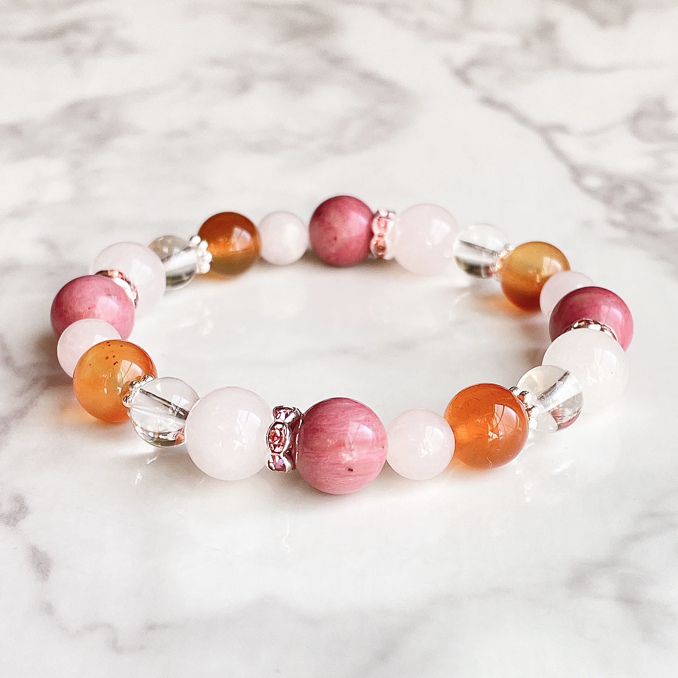 ✦片想いを実らせる 天然石ブレスレット｜ロードナイト・カーネリアン・ローズクォーツ・水晶 No.270