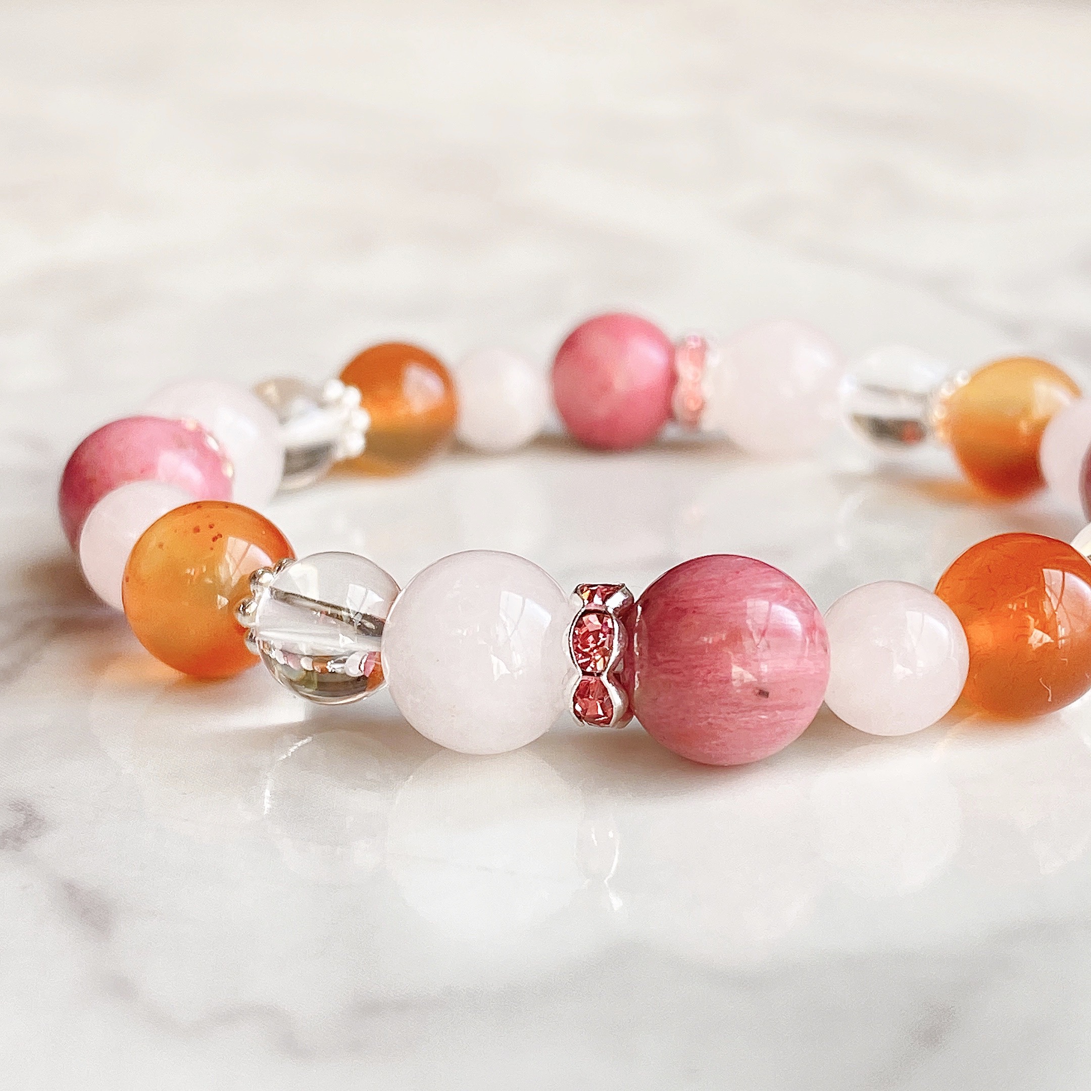 ✦片想いを実らせる 天然石ブレスレット｜ロードナイト・カーネリアン・ローズクォーツ・水晶 No.270