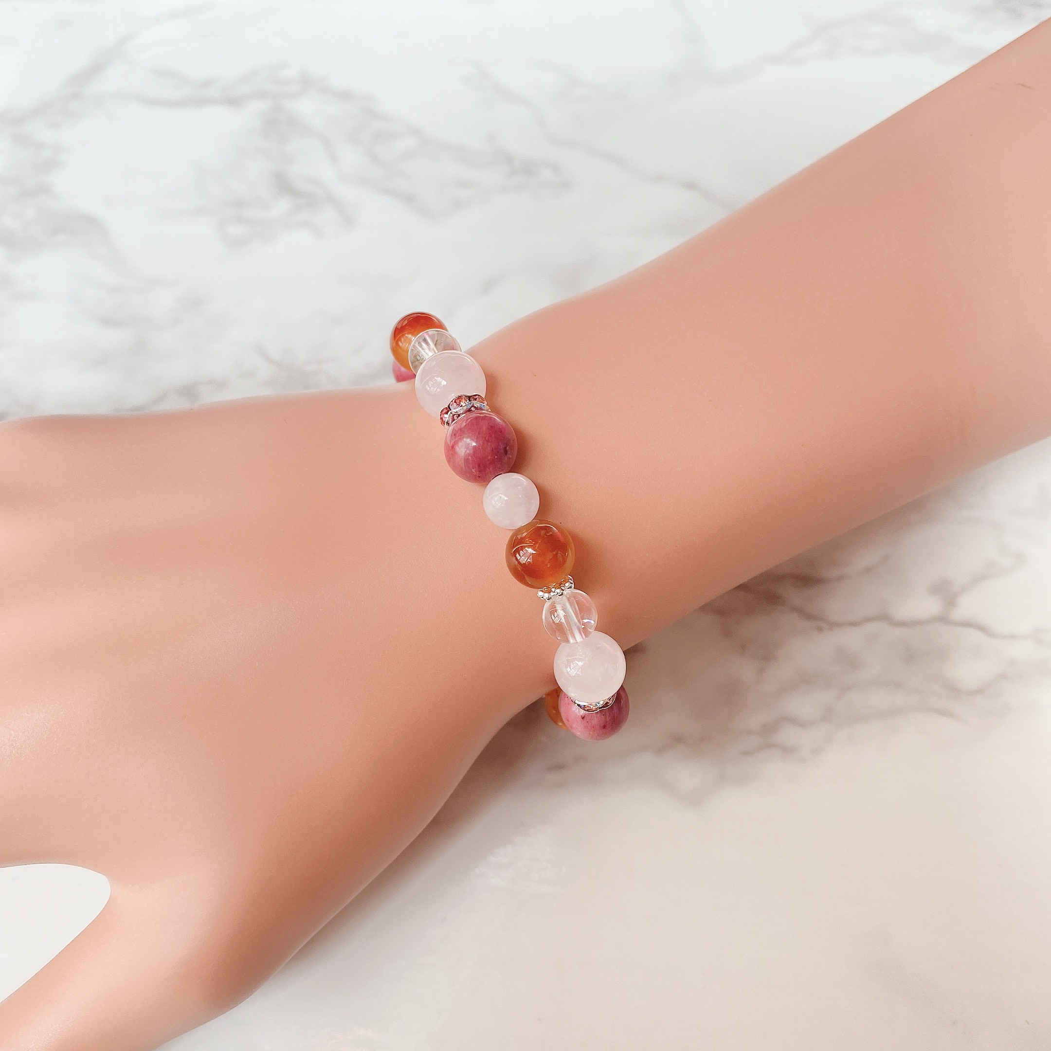 ✦片想いを実らせる 天然石ブレスレット｜ロードナイト・カーネリアン・ローズクォーツ・水晶 No.270