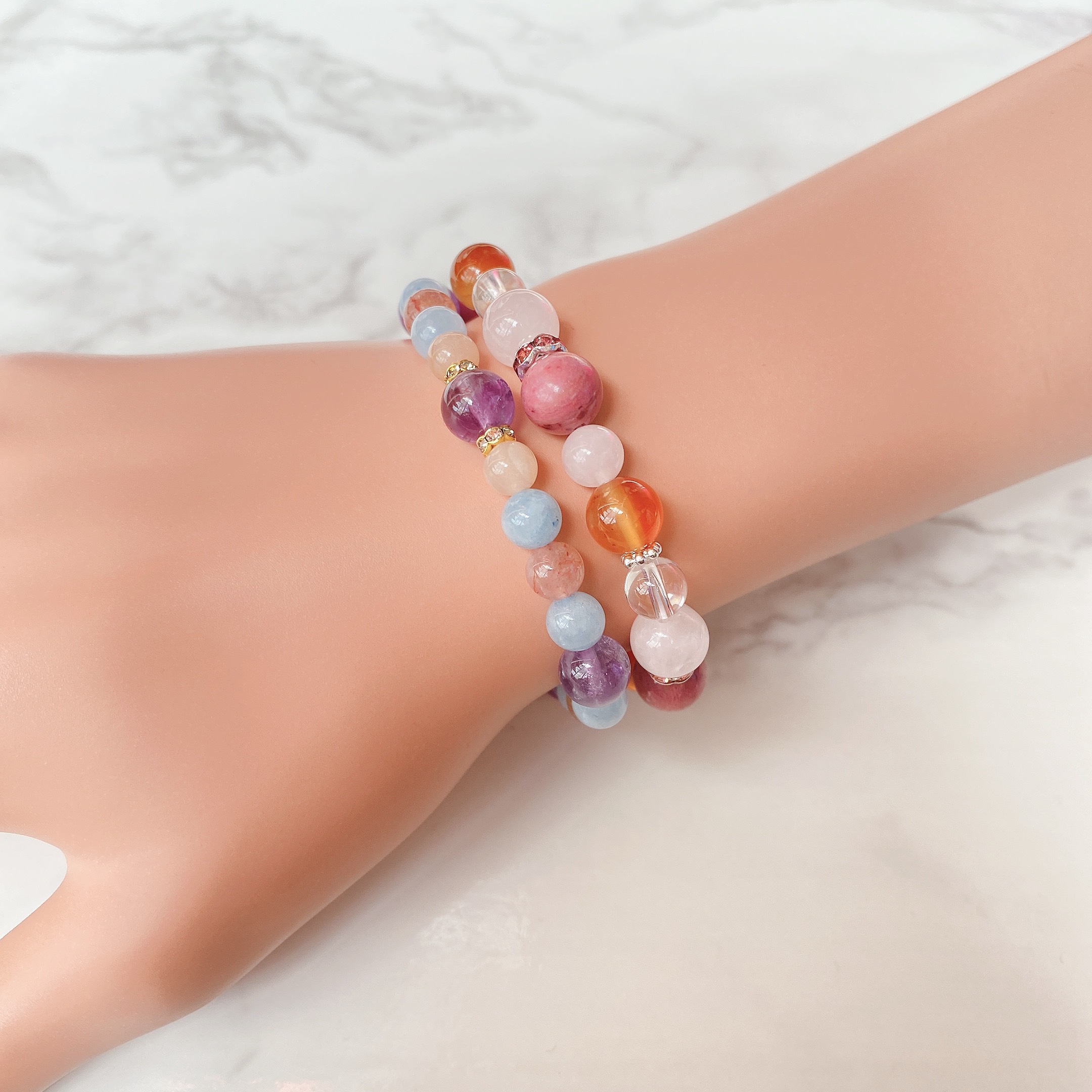 ✦片想いを実らせる 天然石ブレスレット｜ロードナイト・カーネリアン・ローズクォーツ・水晶 No.270