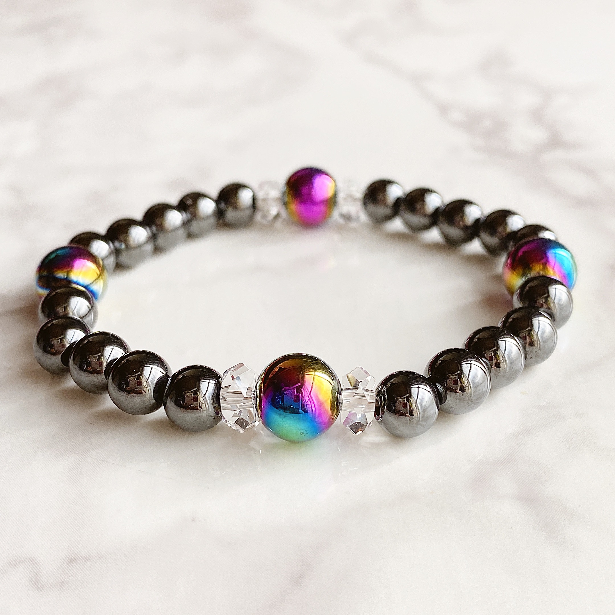 ✦目標達成を象徴する 天然石ブレスレット｜ヘマタイトアクアオーラ・ヘマタイト（磁気入り）・水晶 No.322