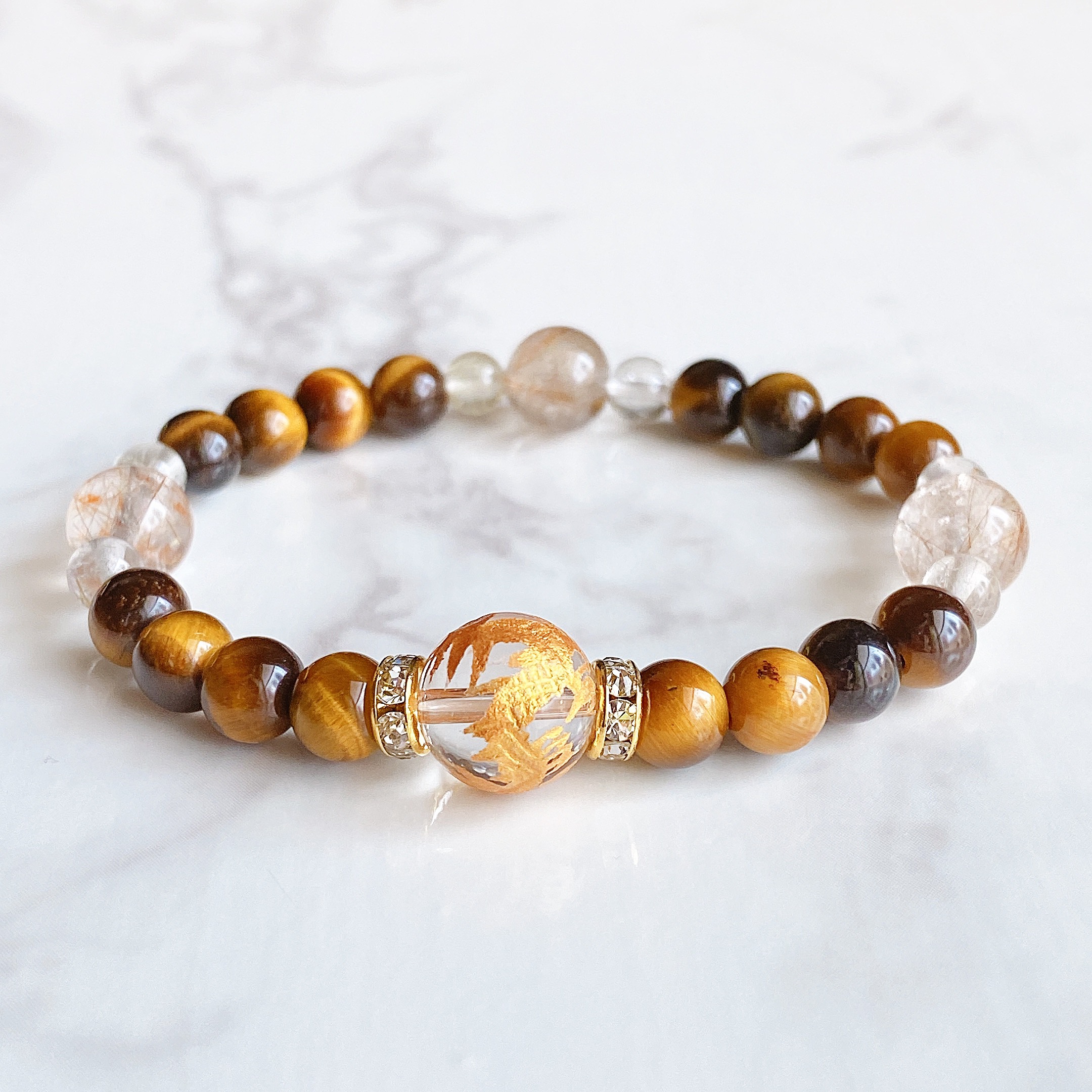 ✦金龍 新たな道を切り拓く 天然石ブレスレット｜金龍彫り水晶・ルチルクォーツ・タイガーアイ No.341