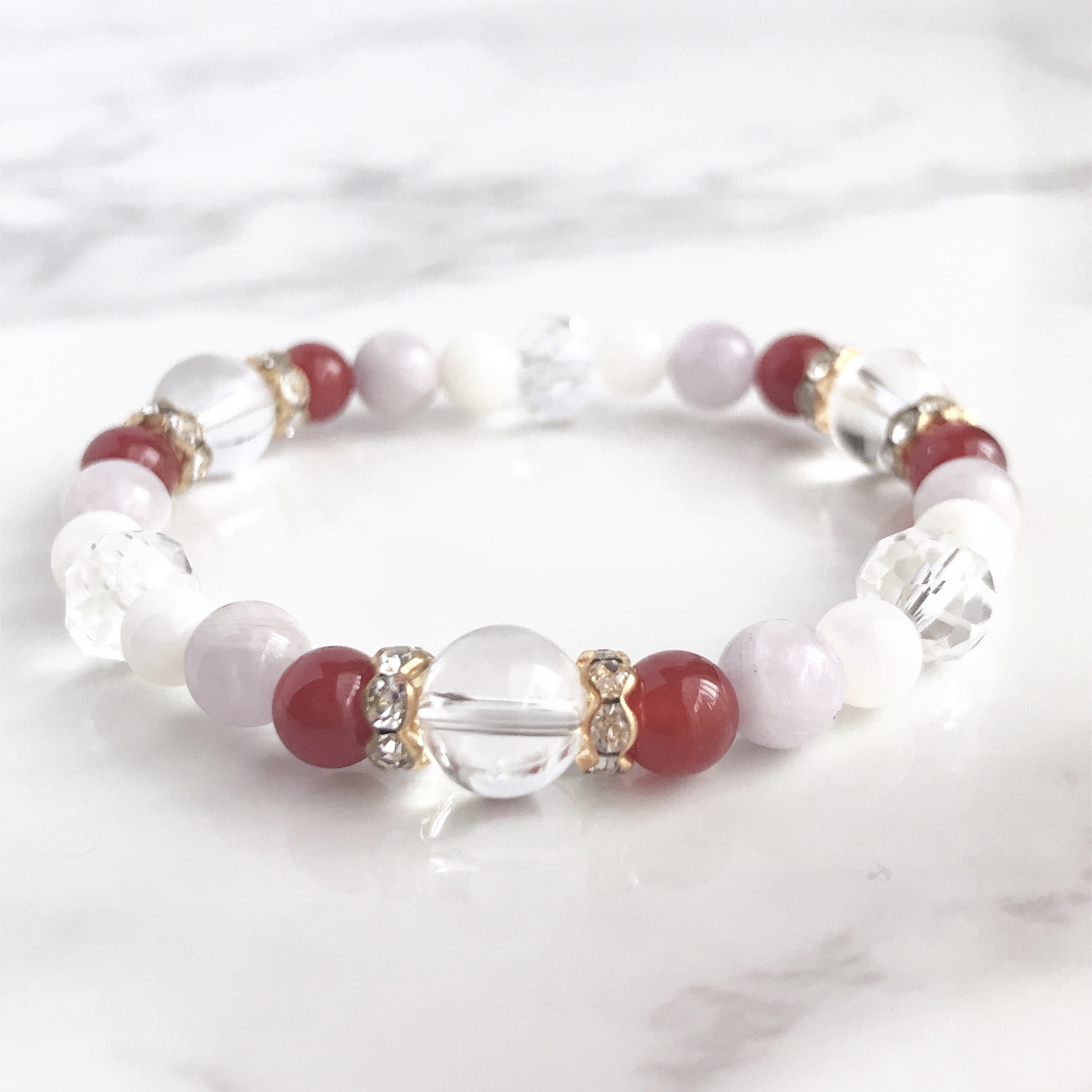 ✦子宝、子育てのお守りマザーオブパール 赤メノウ アメジスト ロンデル ストーン 天然石 ブレスレット 6mm玉