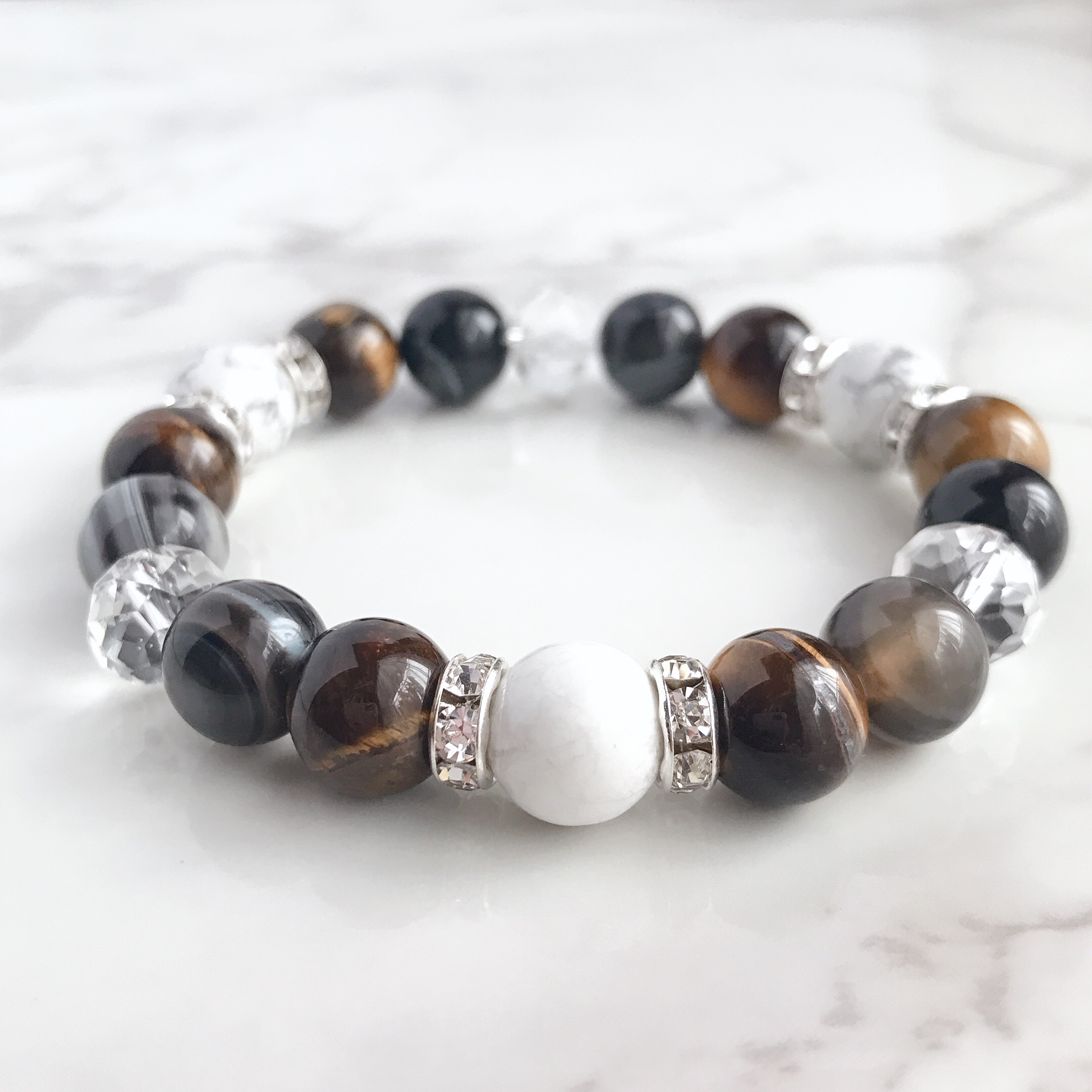 ✦仕事で成功を納める 天眼石 タイガーアイ ハウライト ロンデル  パワー 天然石 ブレスレット 10mm玉