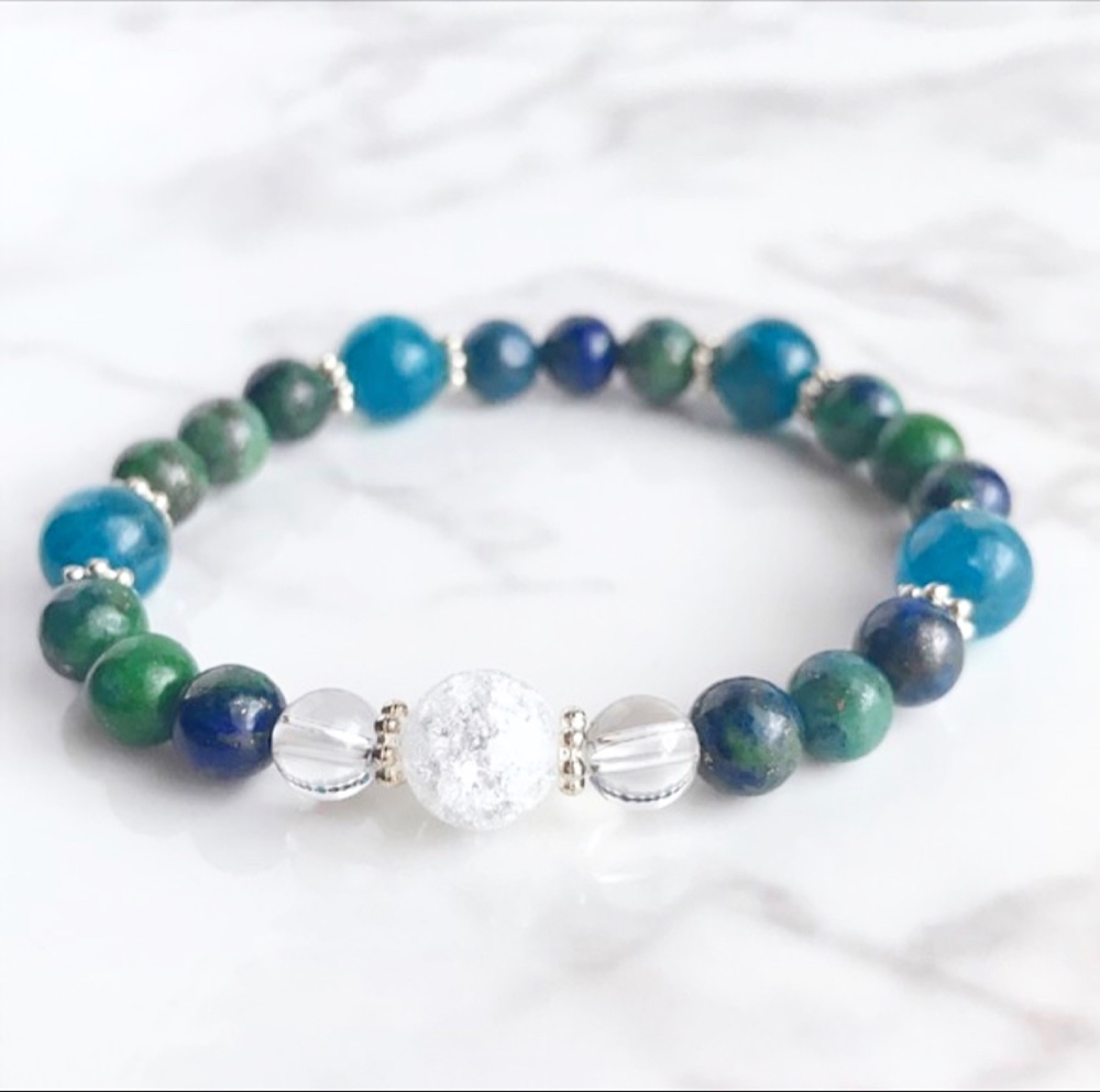 ✦自分らしさを表現し絆を深める 天然石ブレスレット｜クラック水晶・アパタイト・アズロマラカイト No.9