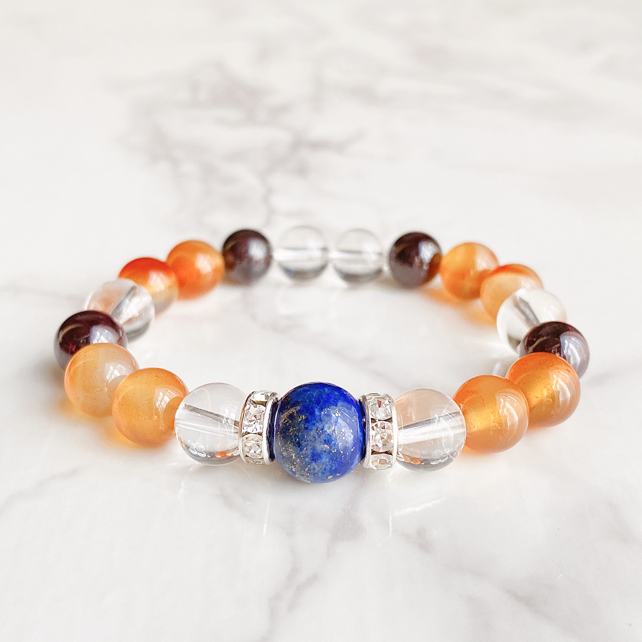 ✦合格祈願！受験・資格に♪やる気◎ 天然石ブレスレット｜ラピスラズリ・カーネリアン・ガーネット・水晶 No.531