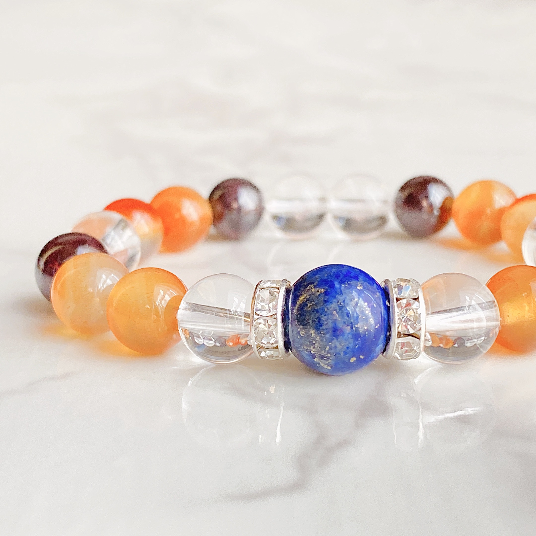 ✦合格祈願！受験・資格に♪やる気◎ 天然石ブレスレット｜ラピスラズリ・カーネリアン・ガーネット・水晶 No.531