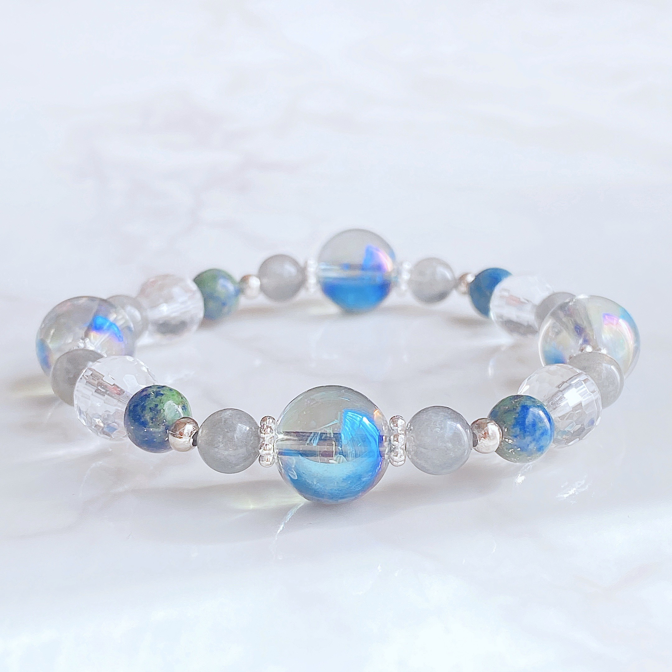✦【再販30点以上】想像力や潜在能力を開花する 天然石ブレスレット｜アクアオーラ・ラブラドライト No.112