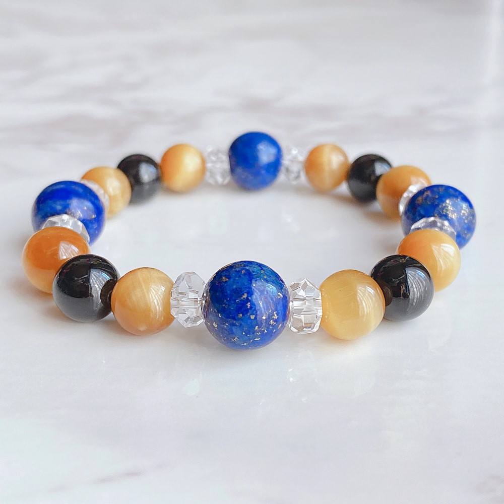 ✦信頼と成功を築く 天然石ブレスレット｜ラピスラズリ・ゴールデンタイガーアイ・オニキス・水晶 No.123