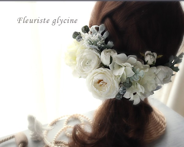 【ショップ再開セール】ウィンターホワイト　バラとあじさいのヘッドドレス　アーティフィシャルフラワー（造花）