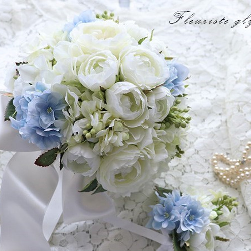 サムシングブルー3点♡ブーケ＆ブトニア＆ヘッドドレス アーティ  