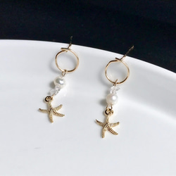 Starfish×Herkimer Diamond×Freshwater pearl  サークルピアス　14kgf 1枚目の画像