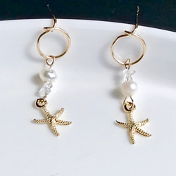 Starfish×Herkimer Diamond×Freshwater pearl  サークルピアス　14kgf 3枚目の画像