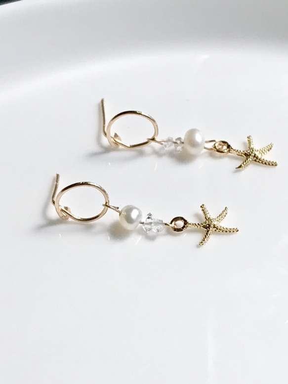 Starfish×Herkimer Diamond×Freshwater pearl  サークルピアス　14kgf 4枚目の画像