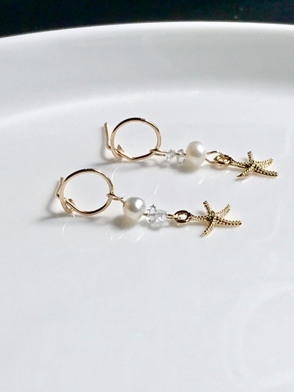 Starfish×Herkimer Diamond×Freshwater pearl  サークルピアス　14kgf 5枚目の画像