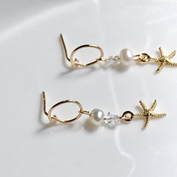 Starfish×Herkimer Diamond×Freshwater pearl  サークルピアス　14kgf 6枚目の画像