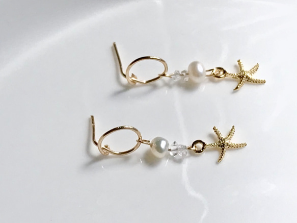 Starfish×Herkimer Diamond×Freshwater pearl  サークルピアス　14kgf 6枚目の画像