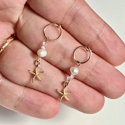 Starfish×Herkimer Diamond×Freshwater pearl  サークルピアス　14kgf 7枚目の画像