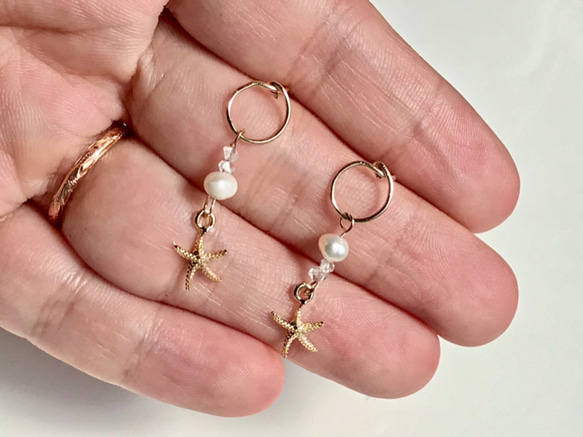 Starfish×Herkimer Diamond×Freshwater pearl  サークルピアス　14kgf 7枚目の画像