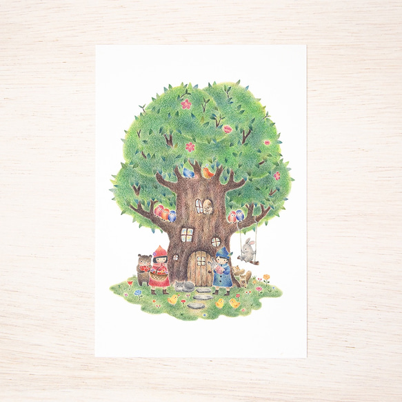 5枚セット。絵本のような。ポストカード "子供たちと動物たちの大きな木の家" PC-45 2枚目の画像