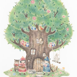 生活用圖片。 “兒童和動物家庭的大樹下的”藝術打印AP-45 第2張的照片