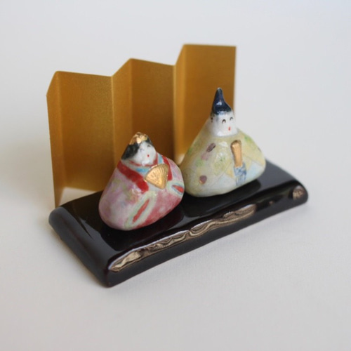 ひな人形】 【豆雛】 【ひなまつり】小さな陶のおひなさま 金彩 手作り