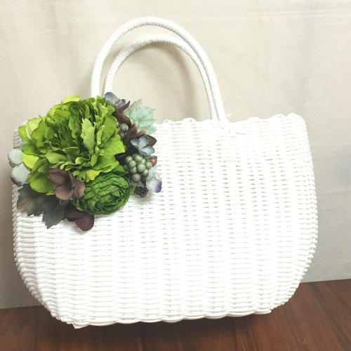 お買い物カゴ/エコバッグ/ビニールストロー カゴバッグ/白×グリーン